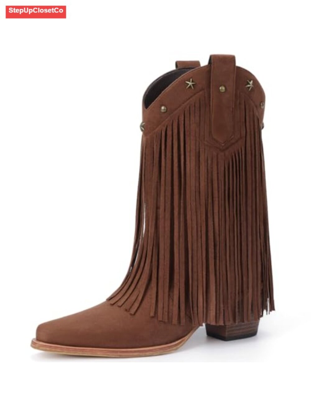 Fringe Mid Calf Cowboy Boots Women Pointed Toe Chunky Heel Cowgirl Boots Faux